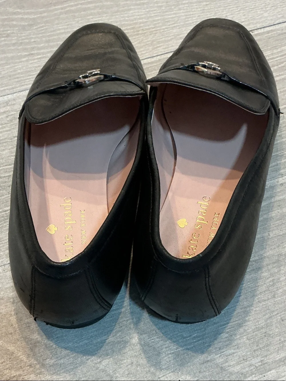 kate spade Cape Cod Spade Black Leather Slip-On Loafers Silver Spade Sz 7.5B